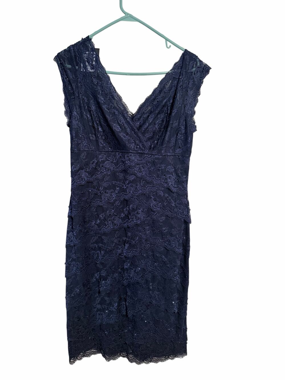 Marina Navy Blue Beaded Cocktail Dress Lace Surplice Neckline Tiered Size 12 NWT